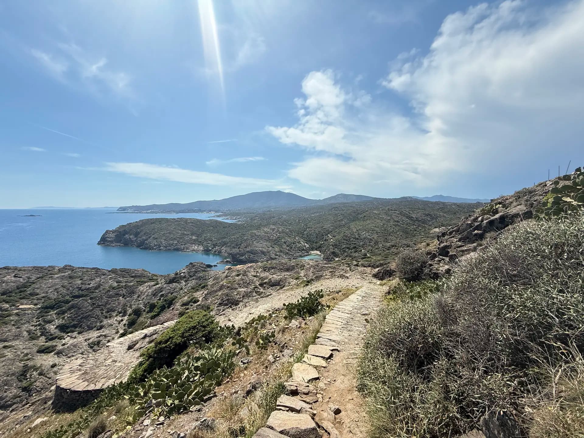 Stone hiking path along a rocky Mediterranean coastline with cacti and distant mountains.
