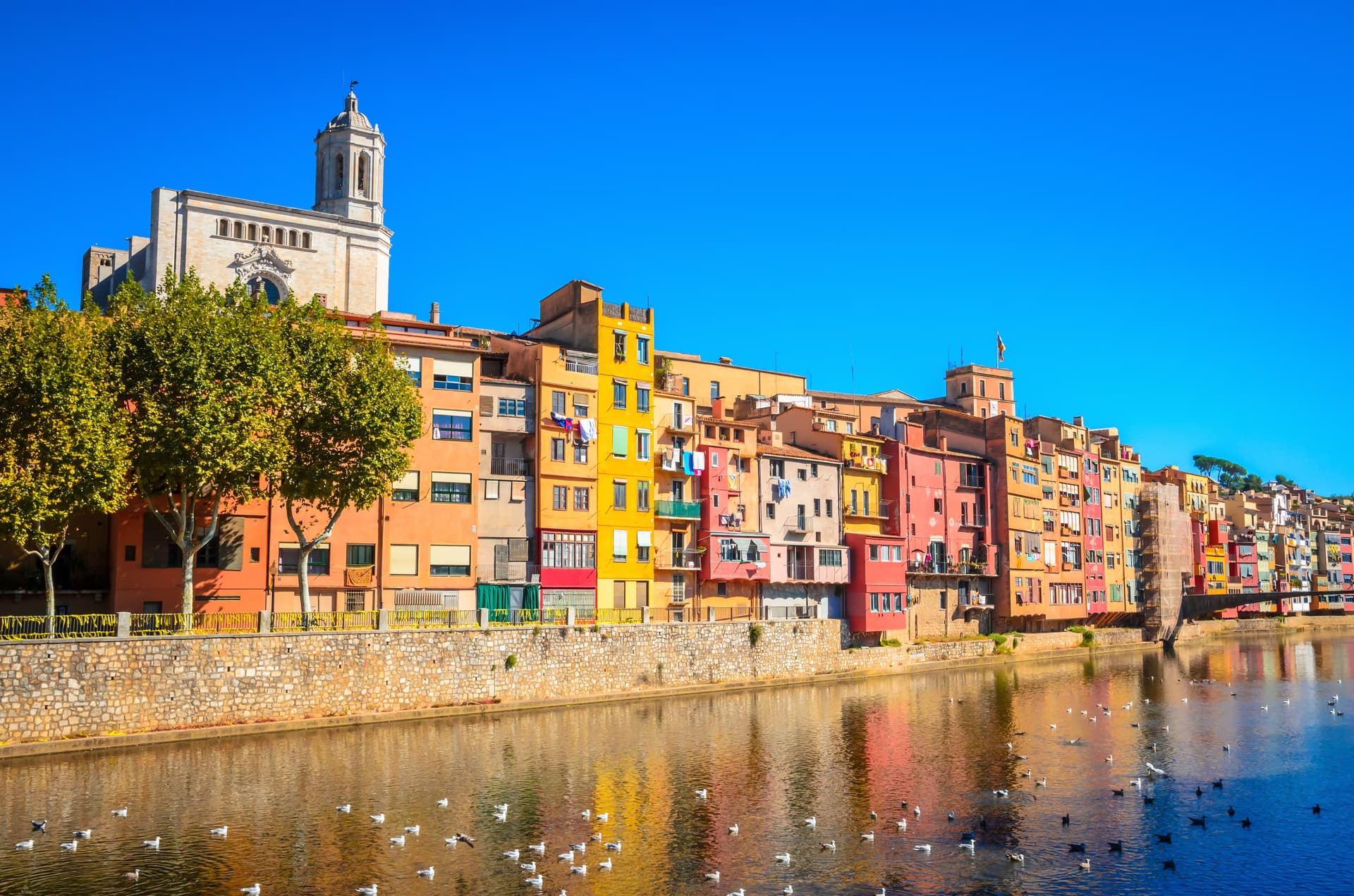 Colorful buildings line the riverbank in Girona with a church tower under a bright blue sky.