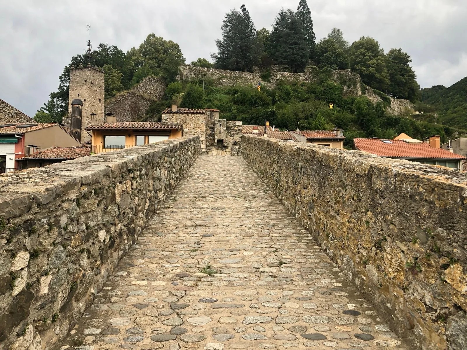 Cobblestone bridge with stone walls leading toward a historic tower and green hillside in a Pyrenees village.