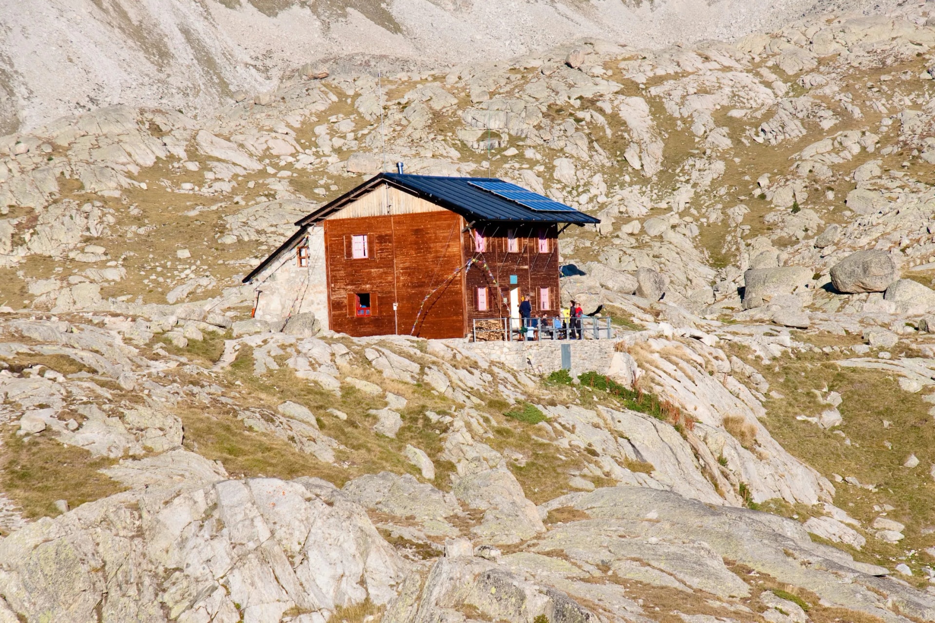 View on wooden Refuge Colomina - Aiguestortes Park.