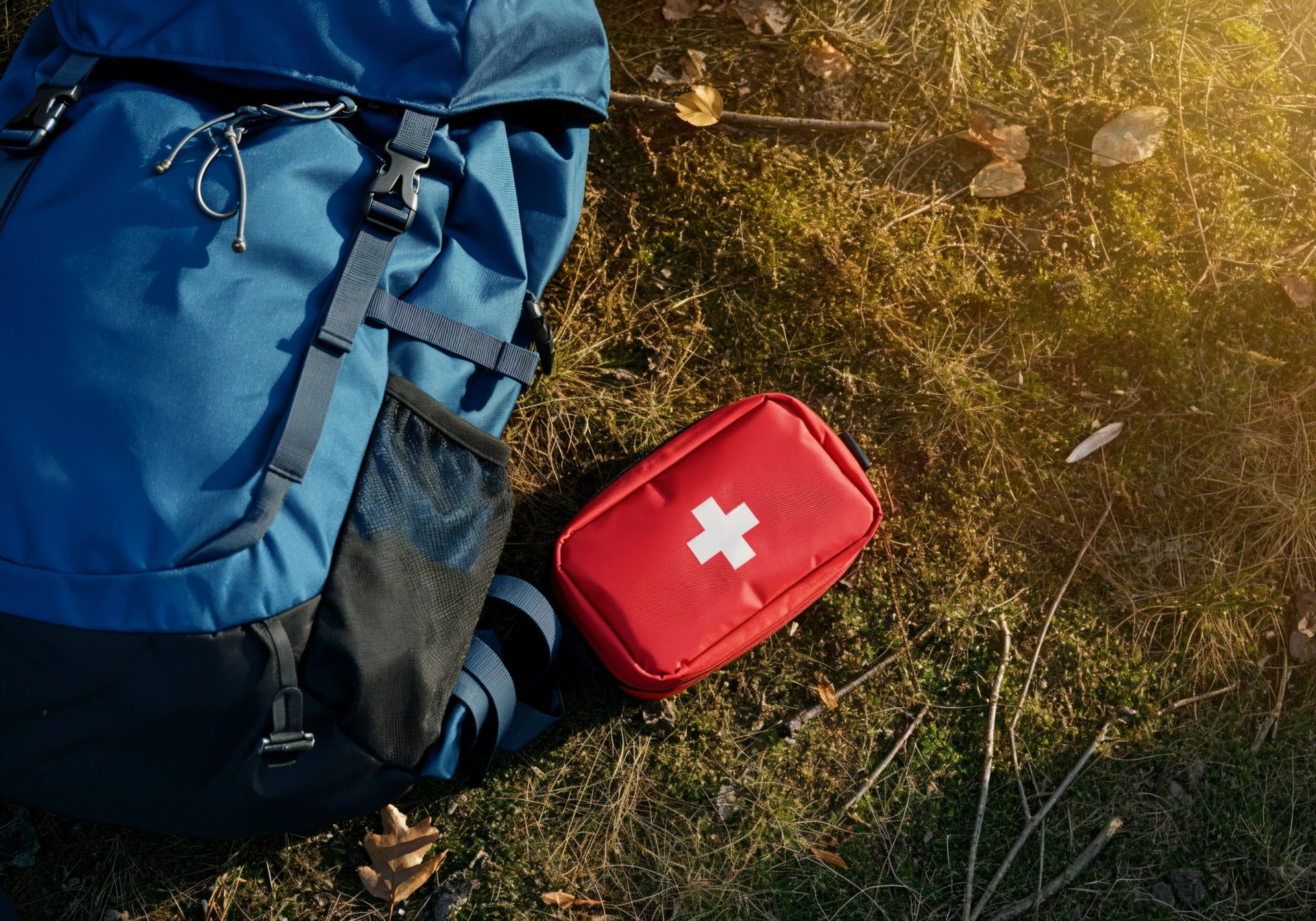 Blue backpack and red first aid kit on grass, essential items for safety and preparedness during outdoor adventures and hiking trips
