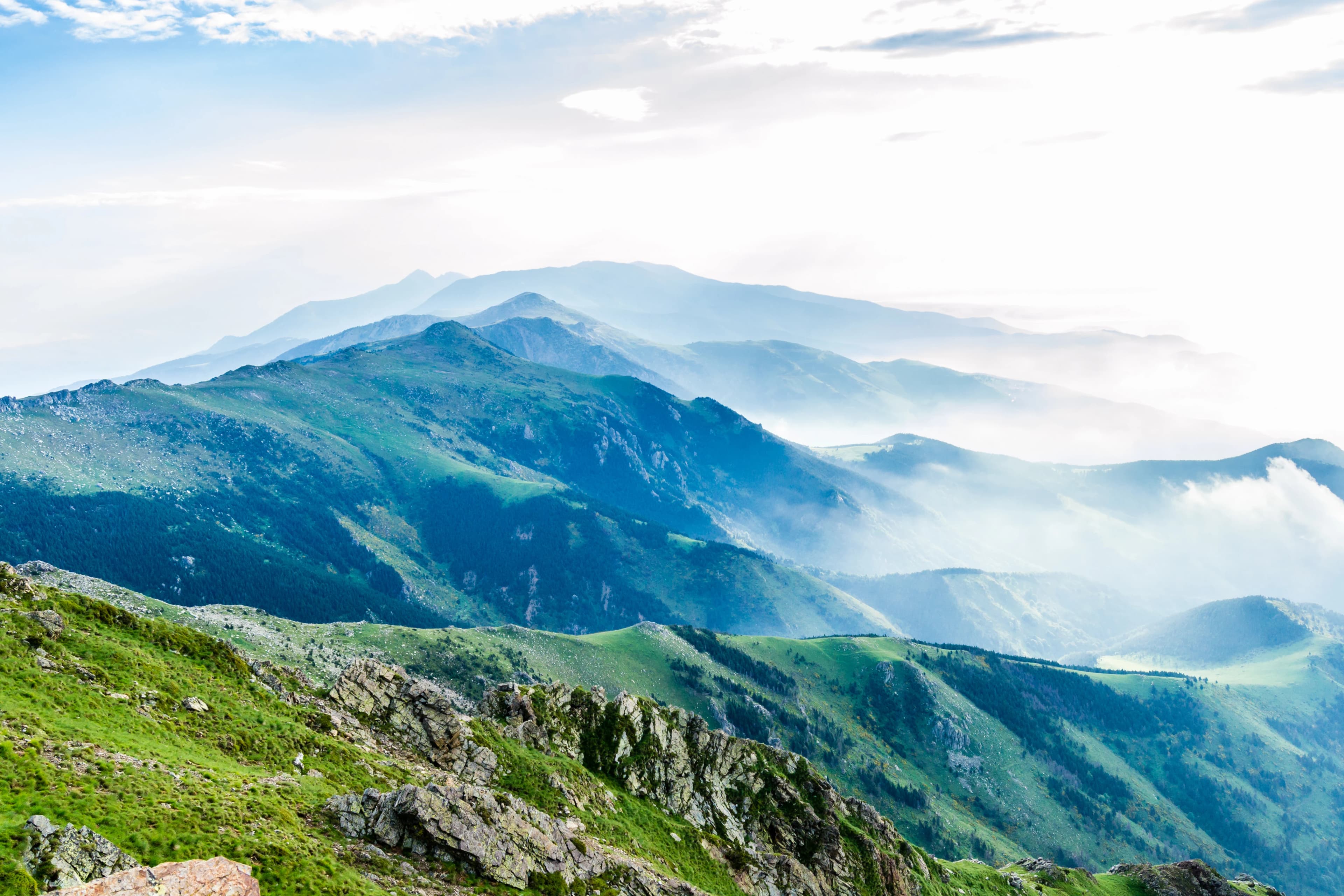 Hiking in the Catalan Pyrenees Mountains (view from the Peak of Costabona, Catalonia, Spain)