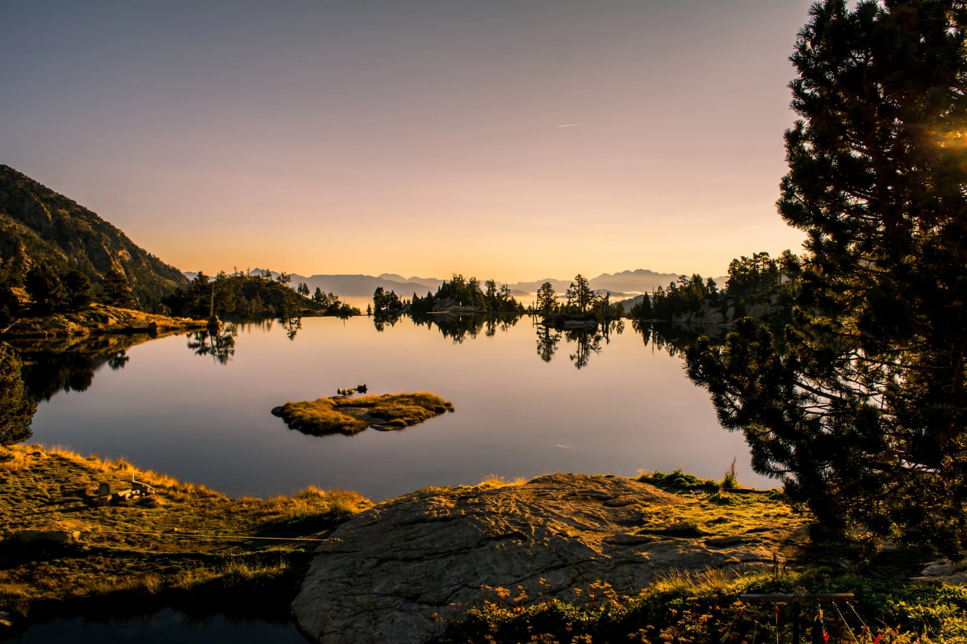 Sunset over a pine-fringed lake in Aigüestortes on the Carros de Foc route