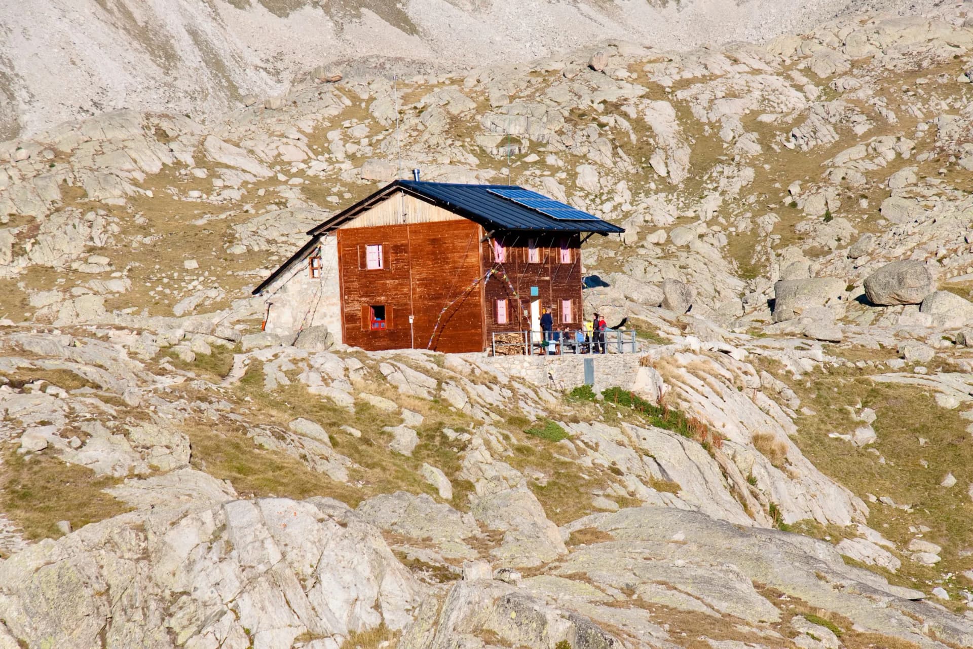 View on wooden Refuge Colomina - Aiguestortes Park.